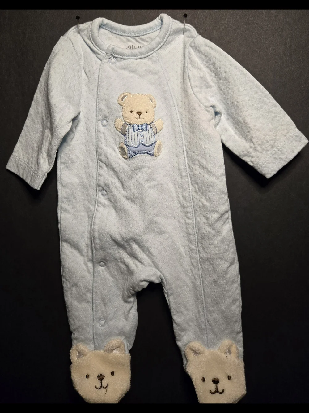 Little Me Pale Blue Bear Appliqué Footed One-Piece
